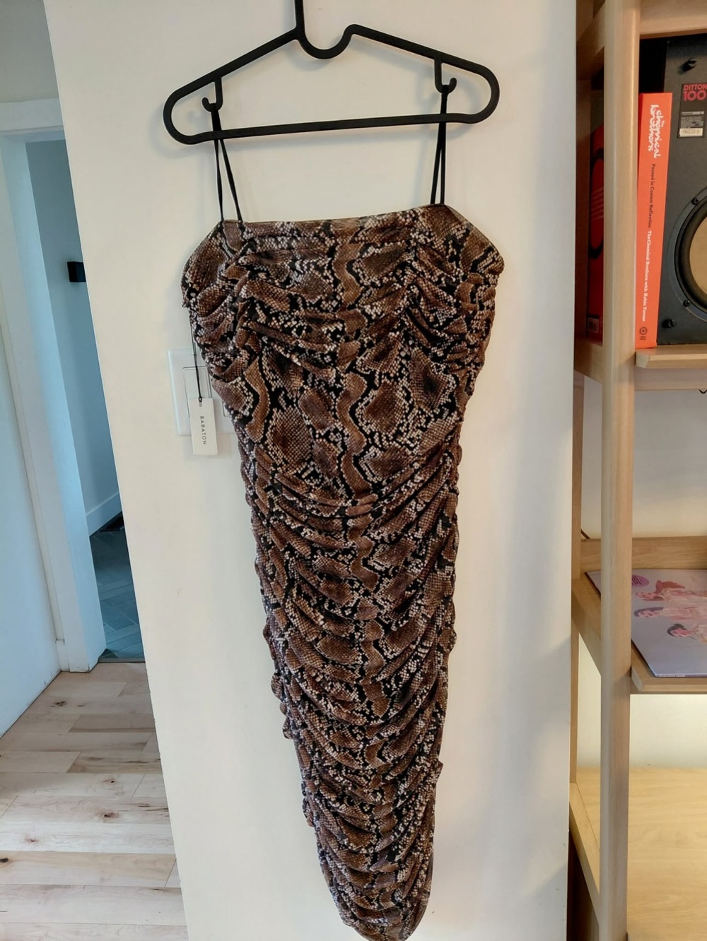 NWT Aritzia Babaton Brown Snake-Print Ruched Midi Slip Dress - Size 14